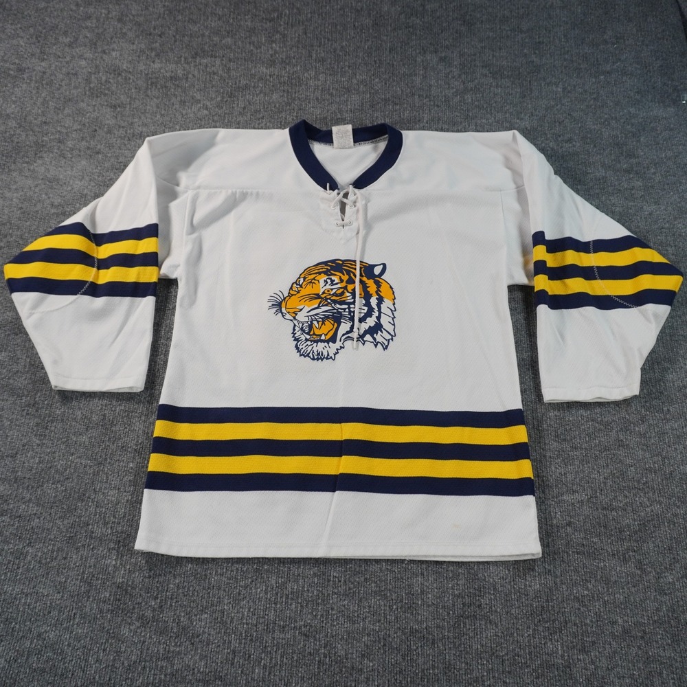 Vintage Athletic Knit Hockey Jersey Mens Large White Tiger Lace Up Striped Mesh